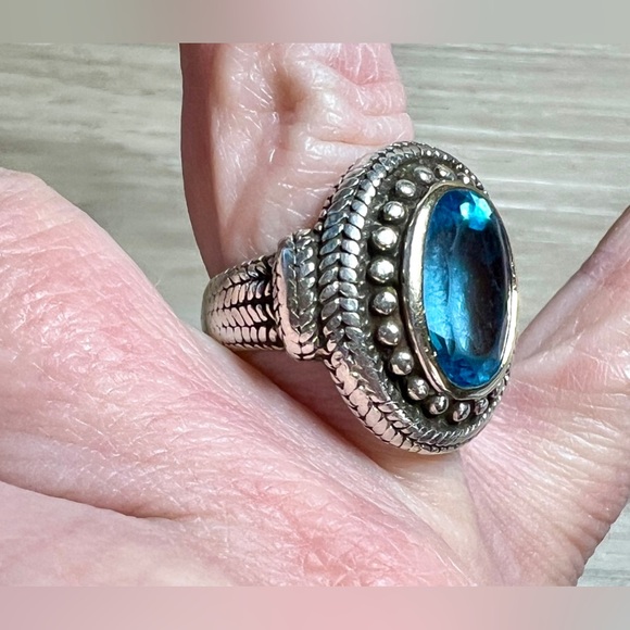 Vintage Designer Signed BJC Sterling Silver & 18K Gold Blue Topaz Ring,Size 5.75 - Picture 10 of 11